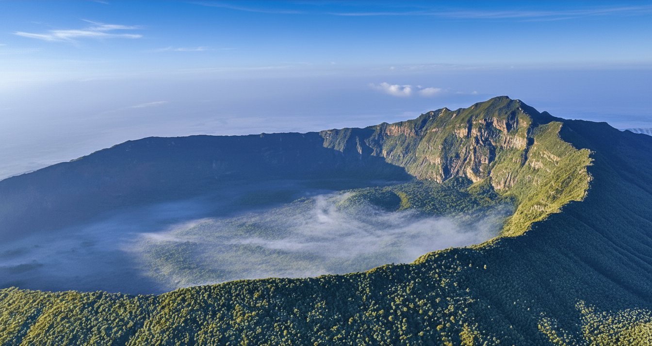 Mount Longonot from the air, cloud pooled inside its forested caldera